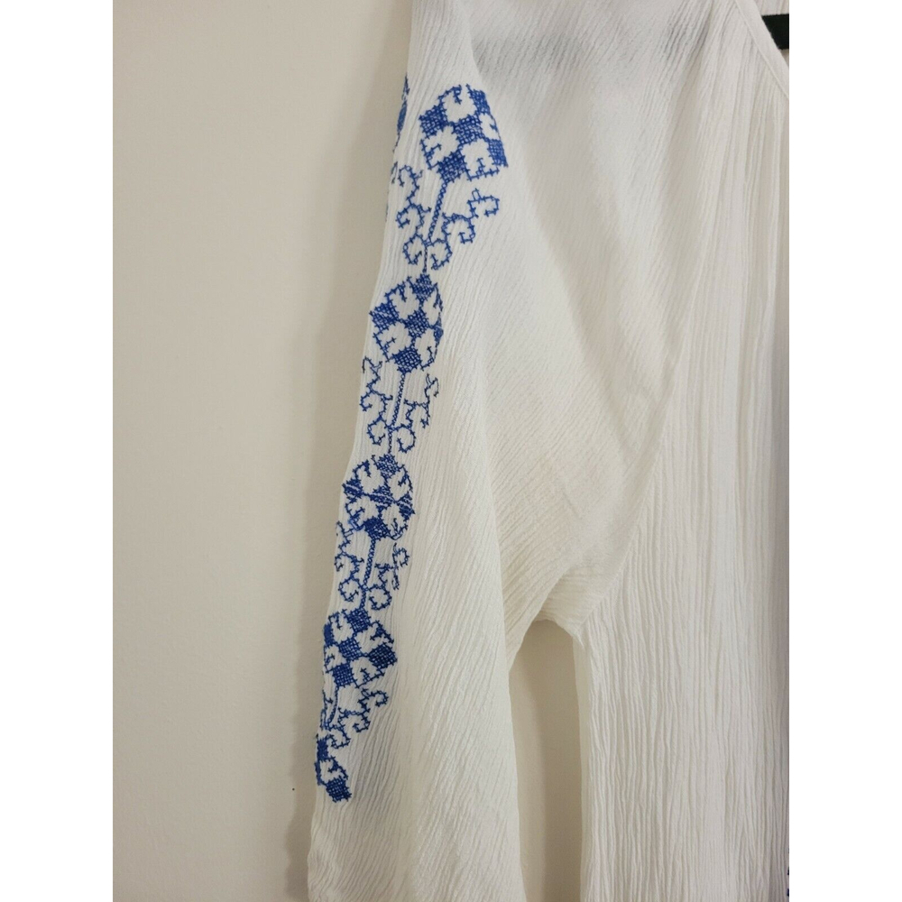 Solitaire Size Lg White/Blue Embroidered Bohemian Rayon Pull Over‎ Blouse - Picture 4 of 6